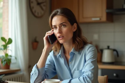 Femme appelant le service client Orange depuis son smartphone dans une cuisine moderne