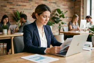 Femme professionnelle indépendante travaillant sur des documents administratifs dans un espace de coworking moderne, illustrant le choix entre coopérative de service à la personne et portage salarial