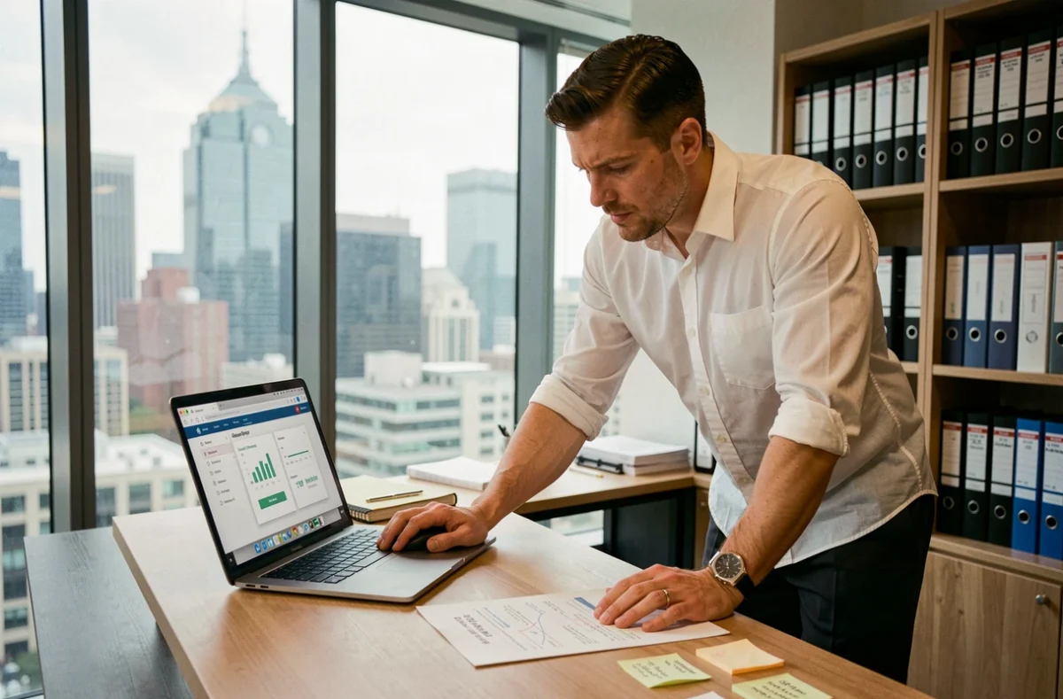 Courtier en assurance analysant des fonctions méconnues d'un portail extranet professionnel avec documents annotés sur bureau debout