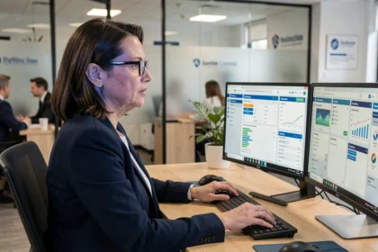 Courtière en assurance explorant les fonctionnalités avancées d'un extranet professionnel sur double écran dans un bureau moderne