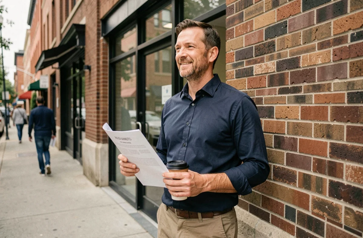Entrepreneur tenant un business plan devant un espace de coworking pour lancer une micro-entreprise sans capital