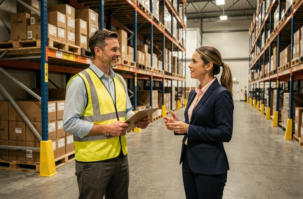 Un coordinateur logistique avec gilet de sécurité discutant avec une collègue dans un entrepôt de l'agence Crit