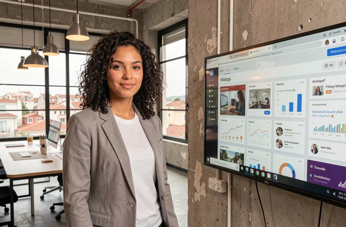 Professionnelle de l'agence Darwin Agency présentant une campagne digitale dans un bureau moderne à Nice