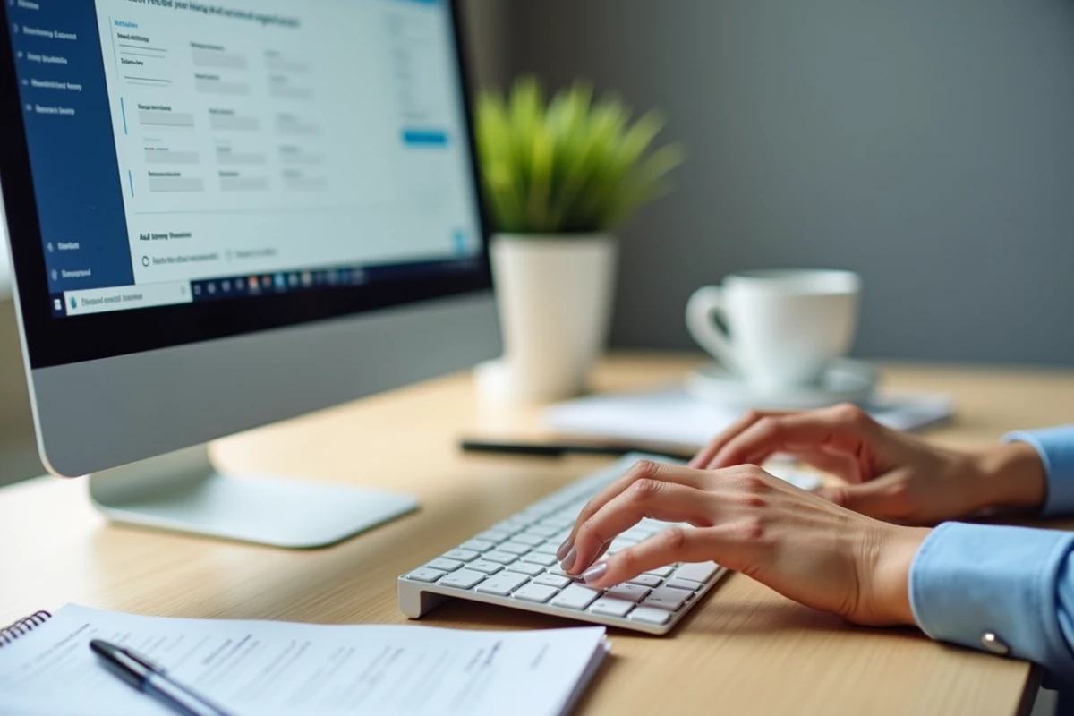 Mains d'une auto-entrepreneuse effectuant les démarches de connexion au portail Urssaf sur ordinateur de bureau