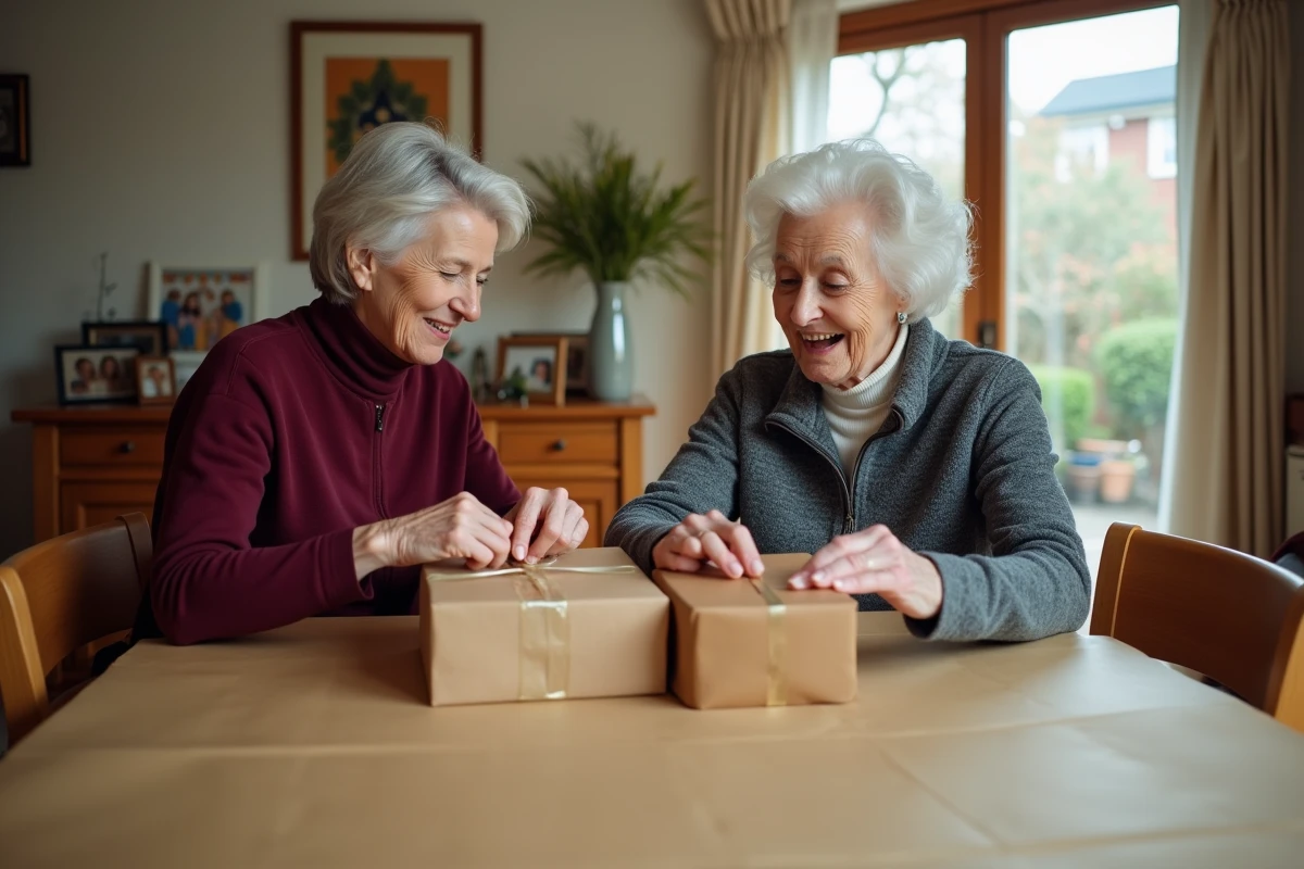 Deux femmes seniors emballant ensemble des colis à domicile autour d'une table de salle à manger