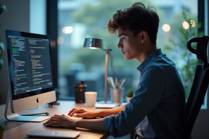 Jeune developpeur en C au bureau lumineux