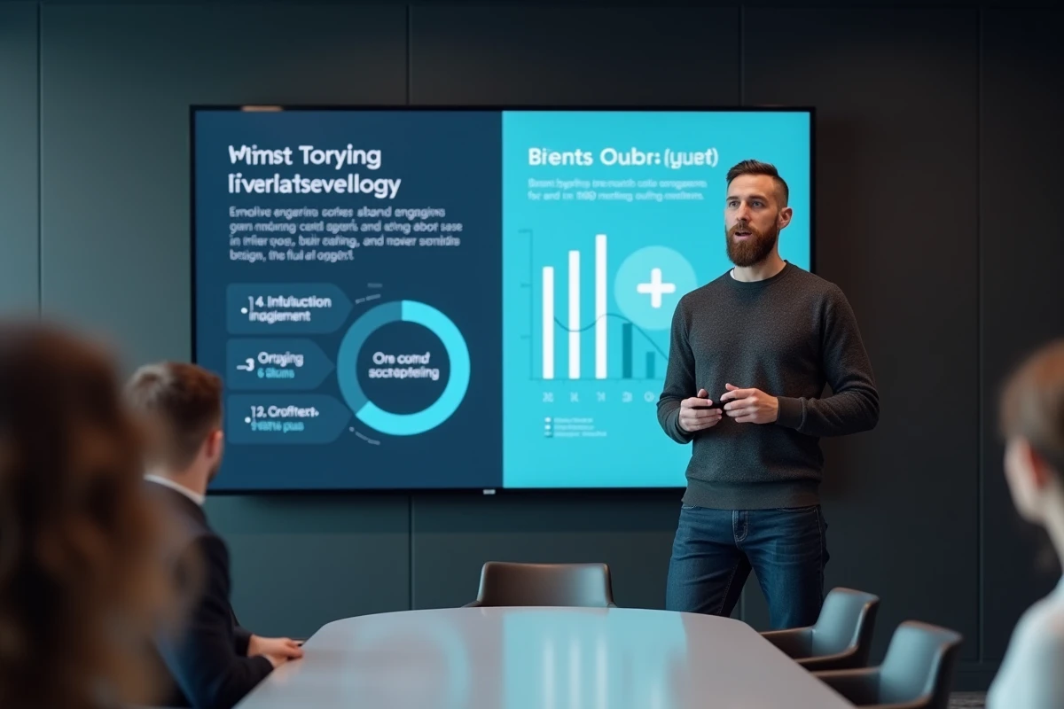 Directeur marketing présentant des métriques de storytelling d'impact et de performance commerciale sur grand écran lors d'une réunion stratégique
