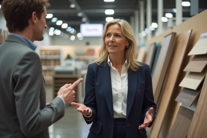 Directrice de magasin Leroy Merlin discutant avec un client dans le rayon décoration d'un grand magasin de bricolage