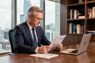 Dirigeant d'entreprise en costume marine analysant des documents d'assurance professionnelle dans un bureau moderne avec vue sur la ville