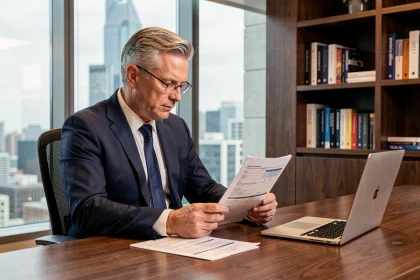 Dirigeant d'entreprise en costume marine analysant des documents d'assurance professionnelle dans un bureau moderne avec vue sur la ville