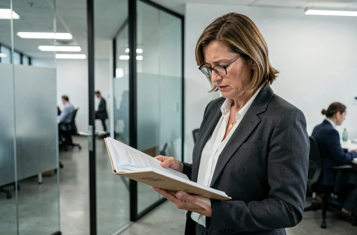 Dirigeante d'entreprise en blazer charbon consultant un dossier juridique épais dans un couloir vitré de cabinet d'affaires