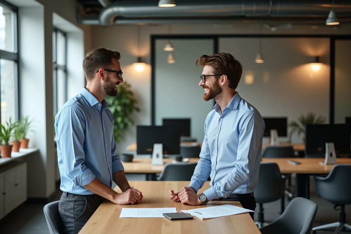 Homme en discussion avec un consultant SEO dans un espace de coworking