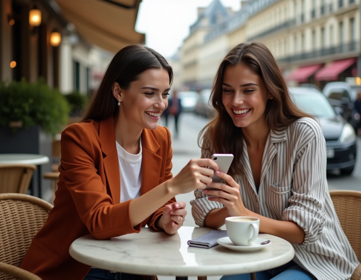 Deux femmes discutant de marques françaises autour d'un smartphone dans un café parisien