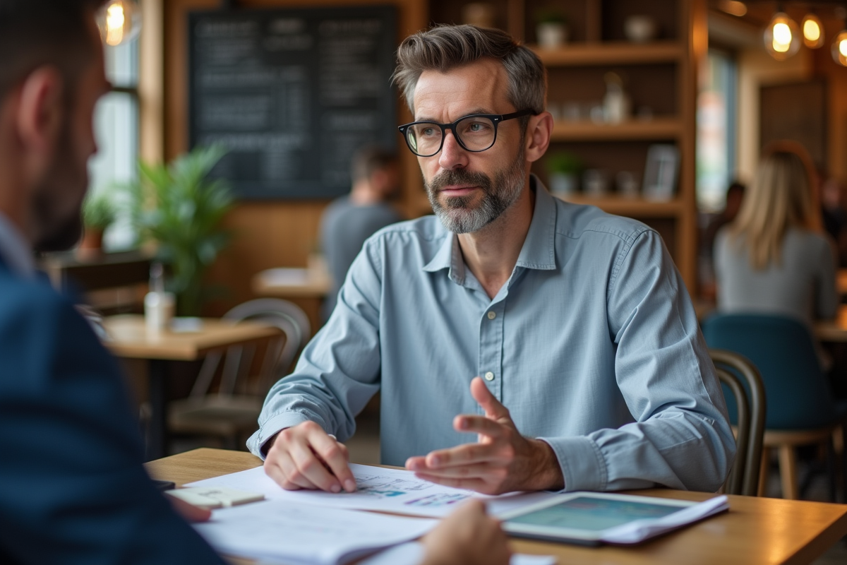 Homme discutant SEO avec un collègue dans un café chaleureux