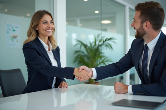 Femme en blazer serrant la main d'un homme en réunion