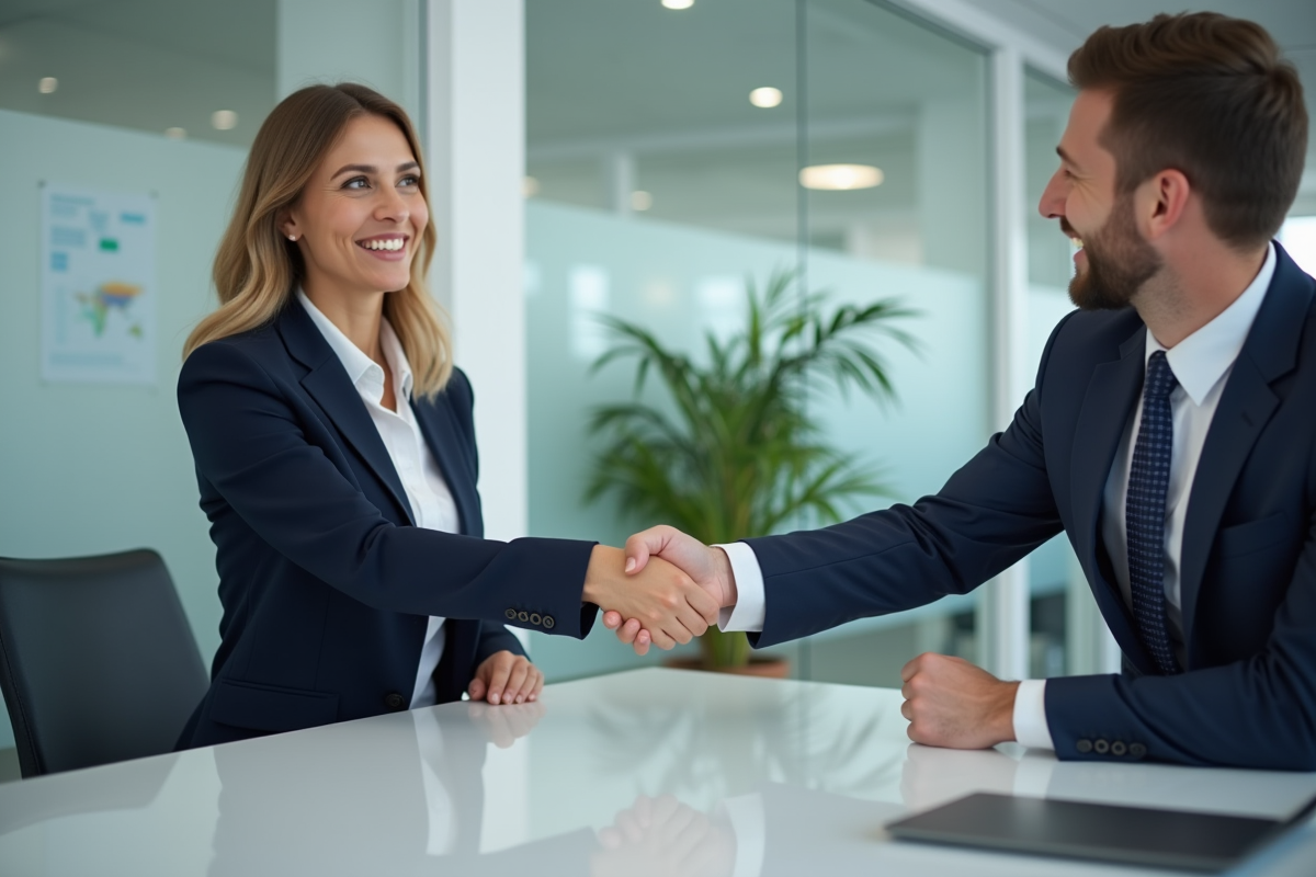 Femme en blazer serrant la main d'un homme en réunion