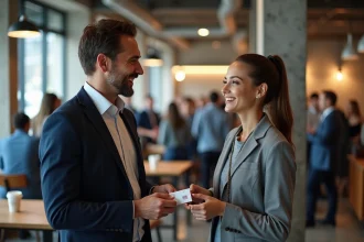 Deux professionnels échangeant des cartes de visite lors d'un événement de networking B2B dans un espace de coworking moderne
