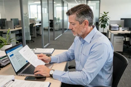 Employé Loxam consultant son espace CE et ses documents d'accès aux avantages salariés au bureau