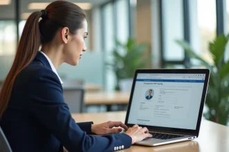 Employée de La Poste connectée à un outil RH sur un portail en ligne depuis son bureau professionnel