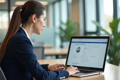 Employée de La Poste connectée à un outil RH sur un portail en ligne depuis son bureau professionnel