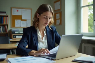 Enseignante de l'éducation nationale consultant son calendrier de paie et ses fiches de salaire sur son bureau en salle des professeurs