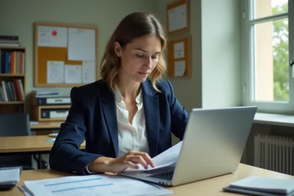Enseignante de l'éducation nationale consultant son calendrier de paie et ses fiches de salaire sur son bureau en salle des professeurs
