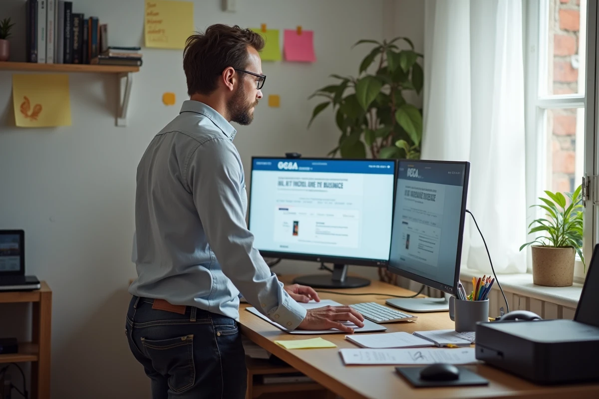 Entrepreneur masculin dans un bureau à domicile configurant son activité B2B sur un double écran avec des notes de démarrage