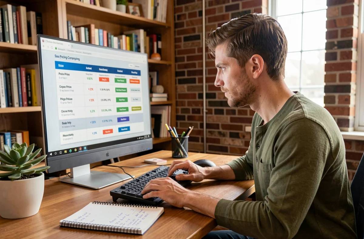 Entrepreneur indépendant comparant les offres tarifaires d'outils IA marketing pour optimiser son budget sans sacrifier les performances