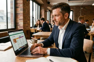 Entrepreneur français consultant le site lesentreprisesfrenchy.fr sur un ordinateur portable dans un espace de coworking parisien moderne