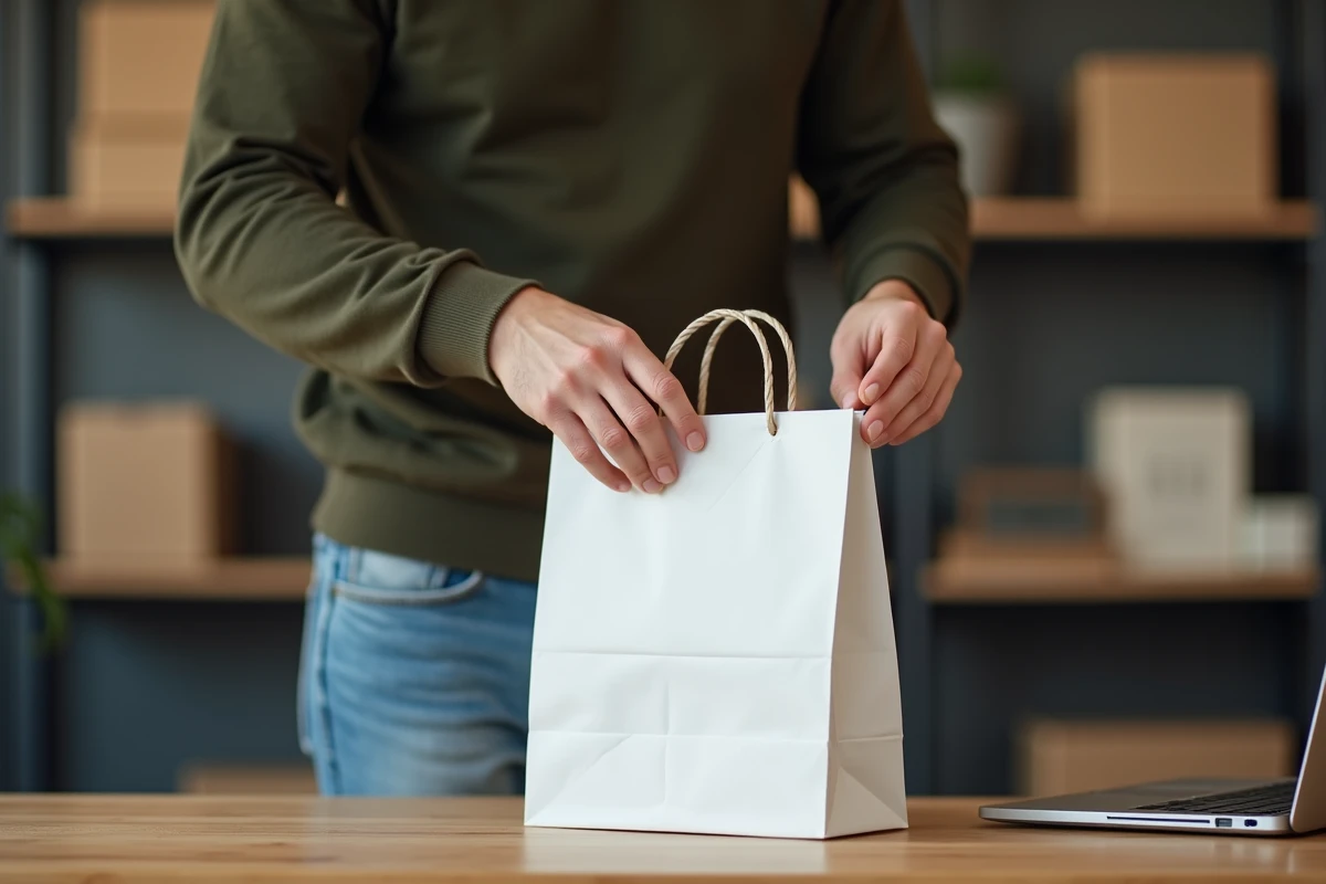 Entrepreneur préparant des sacs papier personnalisés en petite quantité pour le lancement d'une nouvelle marque en espace de coworking