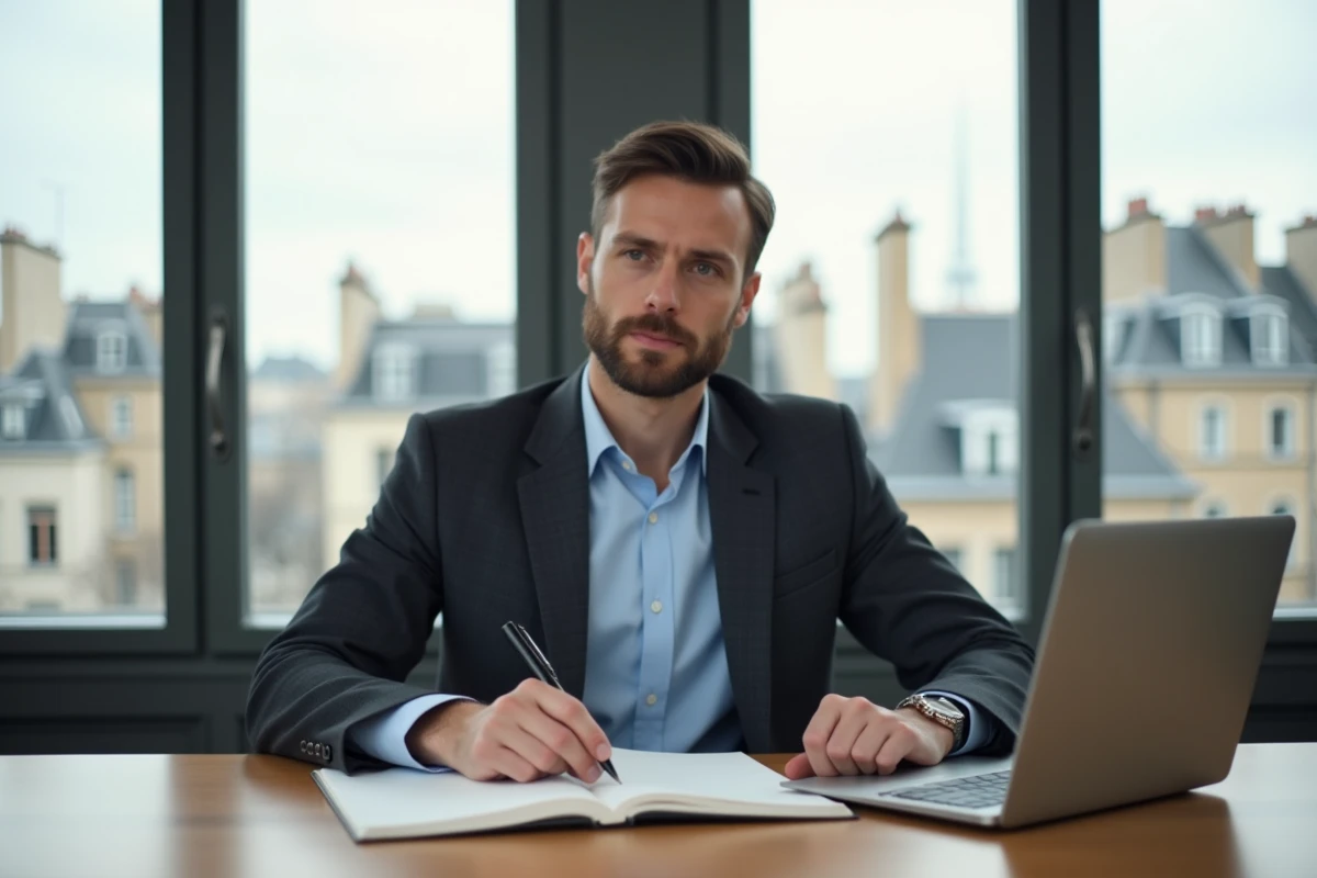 Entrepreneur tech assis à son bureau dans un bureau parisien avec vue sur les toits, ordinateur portable ouvert devant lui