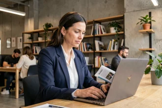 Entrepreneuse lisant le magazine SLR sur son ordinateur portable dans un espace de coworking moderne