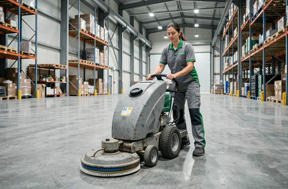 Employée de l'entreprise Tetrasol utilisant une machine de nettoyage industrielle dans un entrepôt