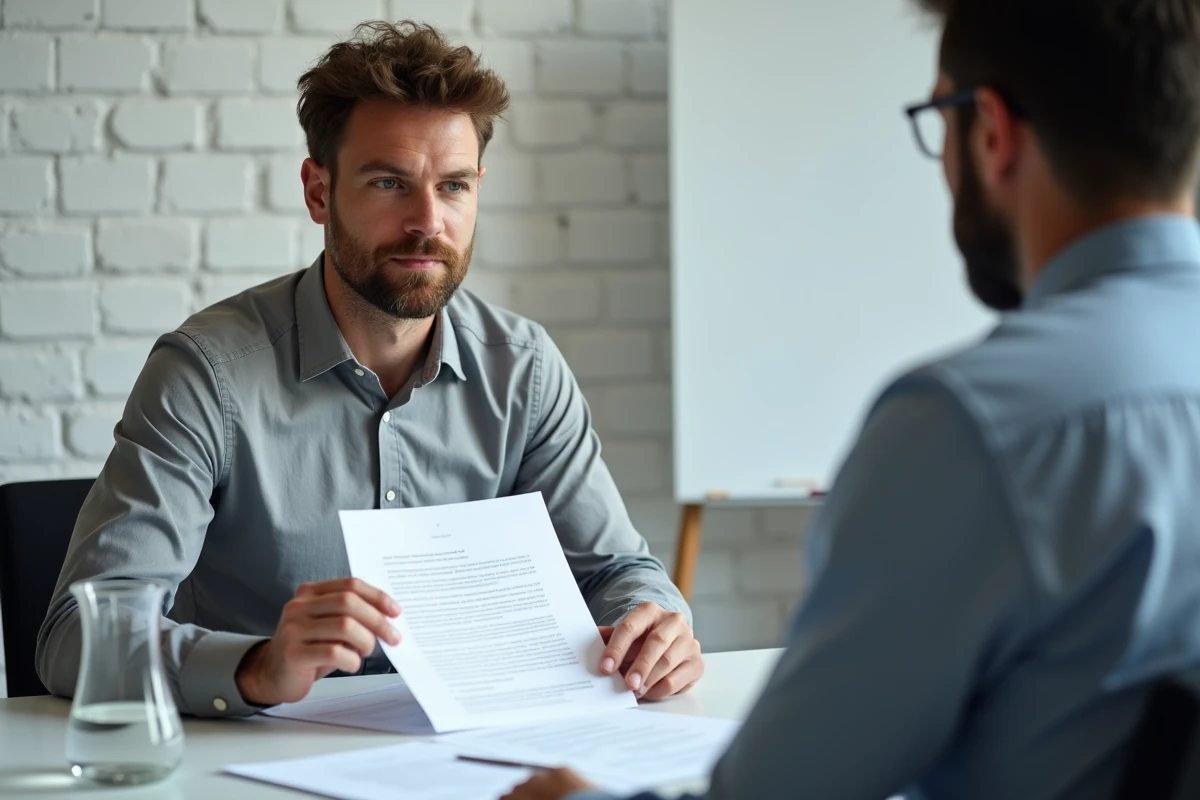 Employé et employeur discutant des seuils de calcul de l'indemnité de fin de CDD lors d'un entretien contractuel