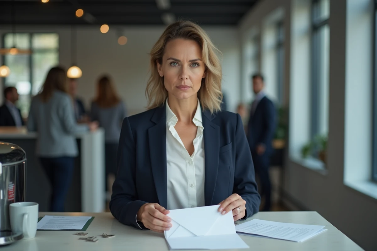 Femme en bureau scellant une enveloppe contenant une lettre de dénonciation anonyme destinée à l'URSSAF