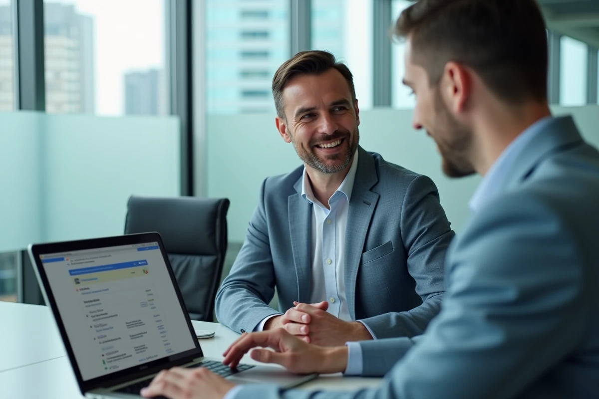 Deux collègues analysant ensemble les paramètres de confiance client sur une plateforme d'avis en ligne