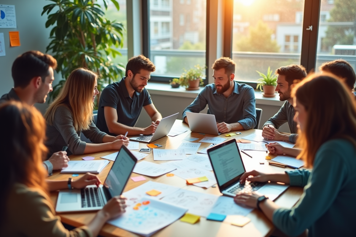 Groupe de créatifs en réunion brainstorming dans un bureau lumineux