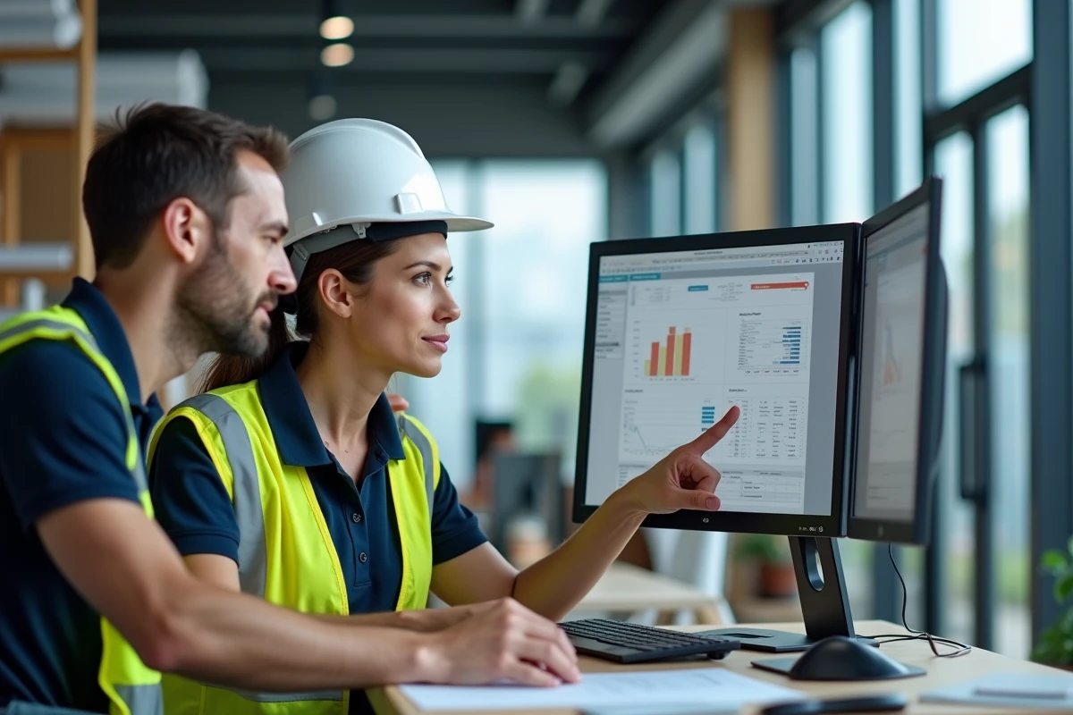 Ingénieure et collègue consultant un tableau de bord de gestion de chantier sur ordinateur dans un bureau BTP