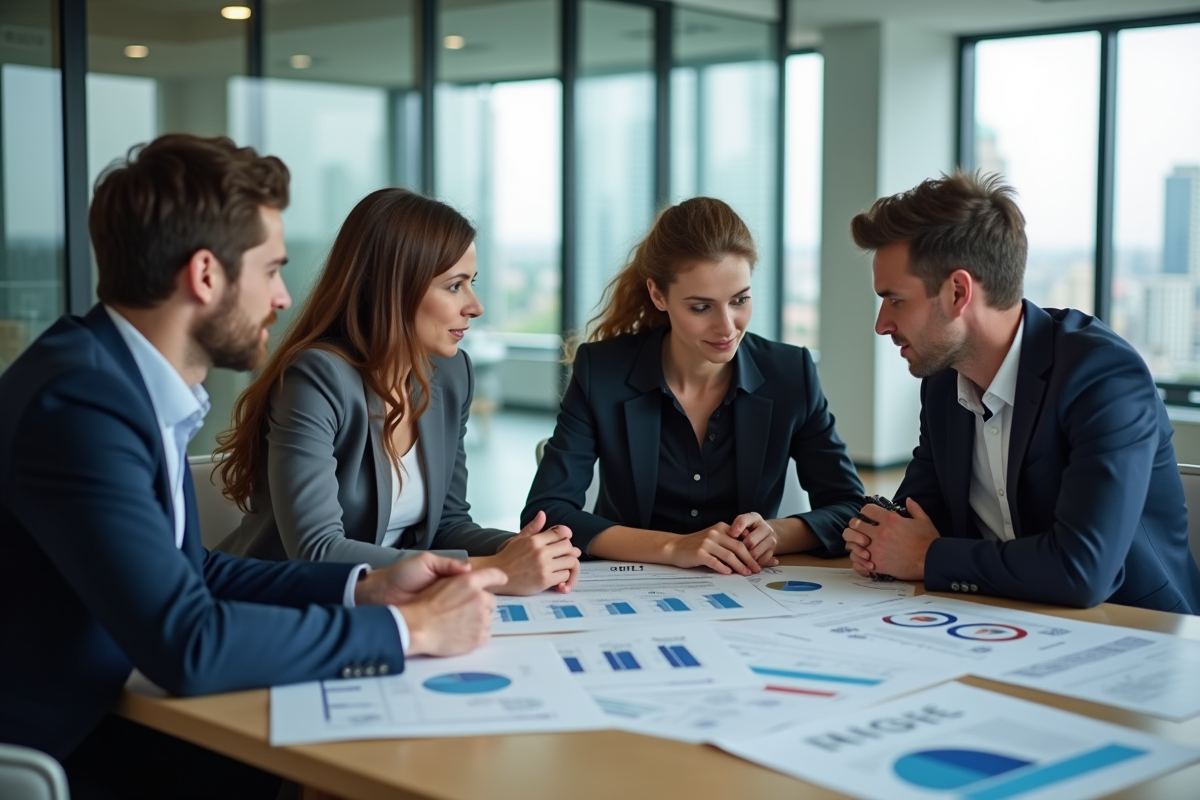 Groupe de quatre adultes en réunion de travail en bureau moderne