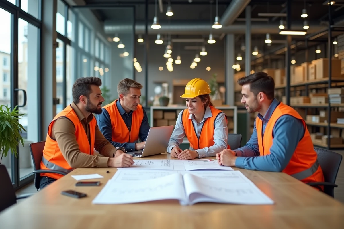 Équipe de collaborateurs Leroy Merlin en réunion stratégique autour d'une table de travail pour repenser l'expérience client en magasin
