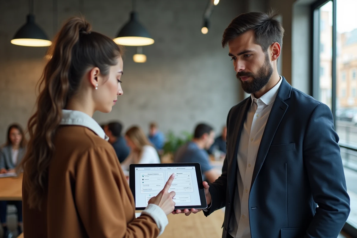 Deux collègues en espace de coworking consultant les paramètres de workflow de réservation evantio sur une tablette