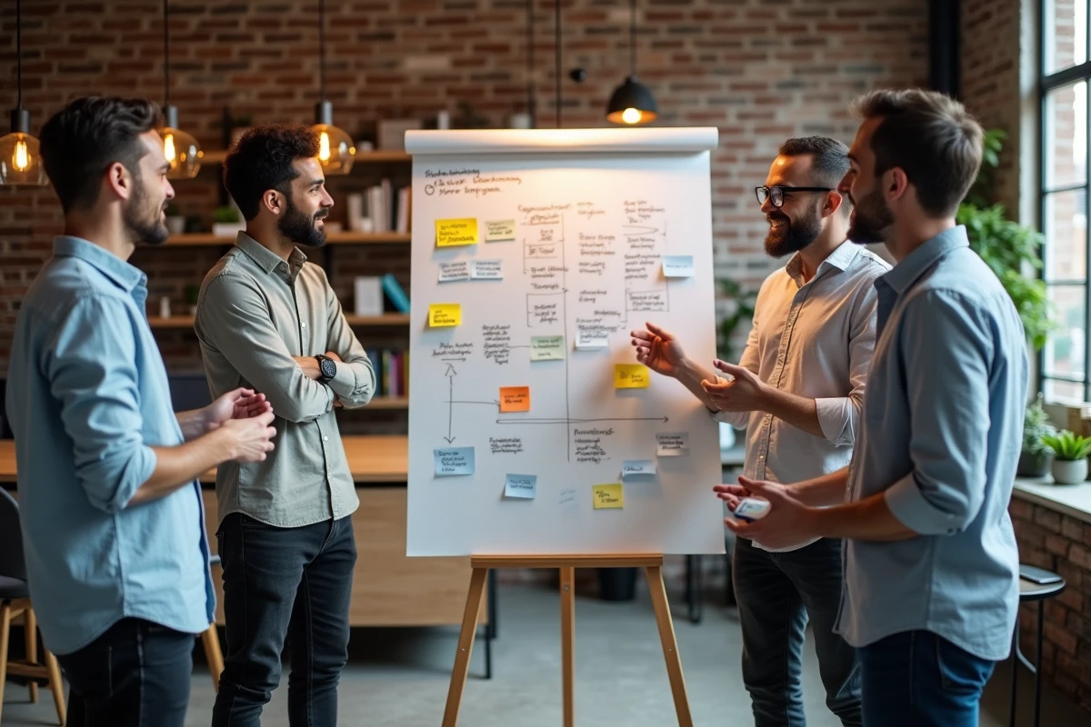Équipe créative pluridisciplinaire collaborant sur une stratégie de consumer impact marketing autour d'un tableau blanc avec données et parcours client