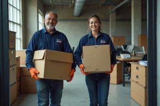 Équipe professionnelle de débarras d'entreprise transportant des meubles et des cartons hors d'un bureau commercial vidé