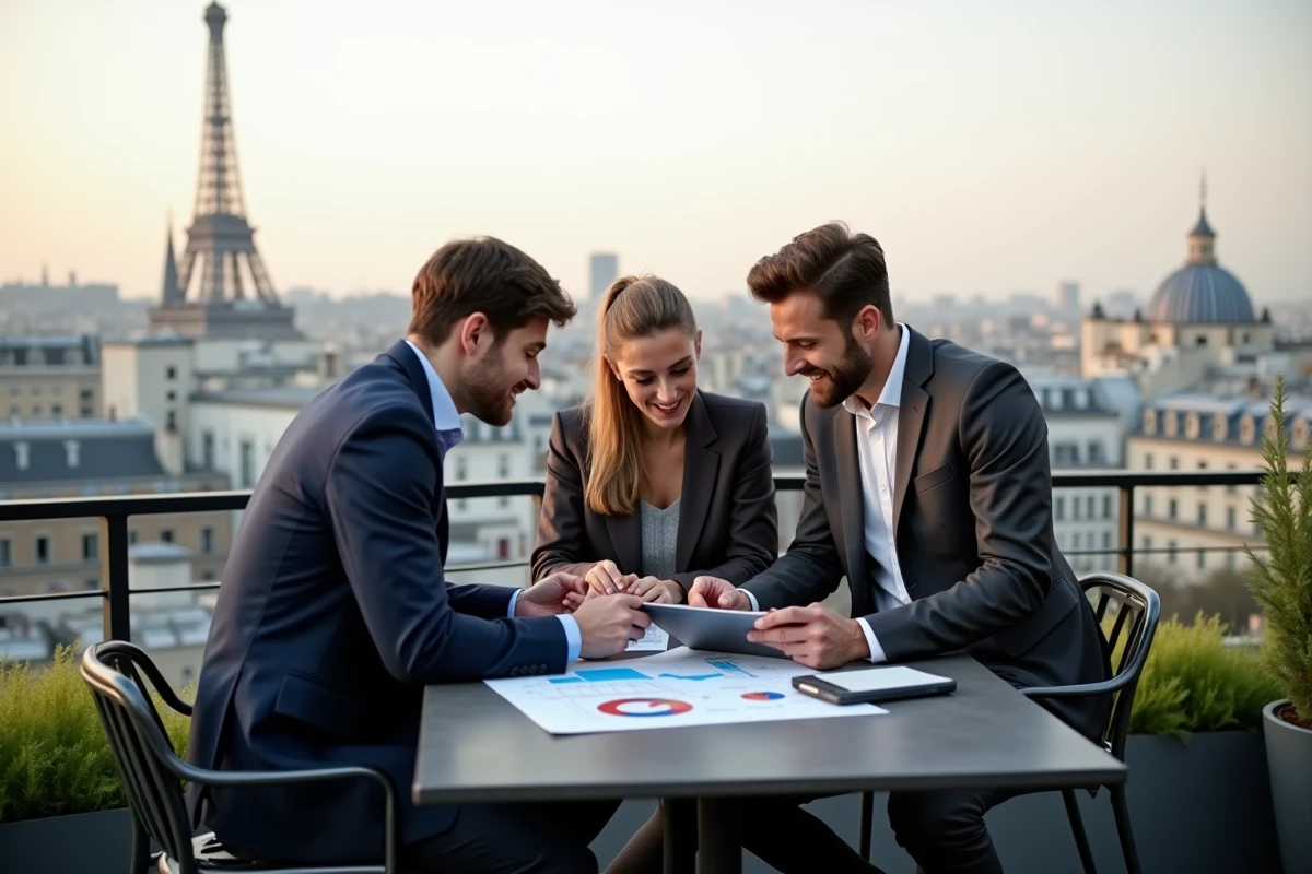 Groupe de professionnels en discussion sur une terrasse parisienne