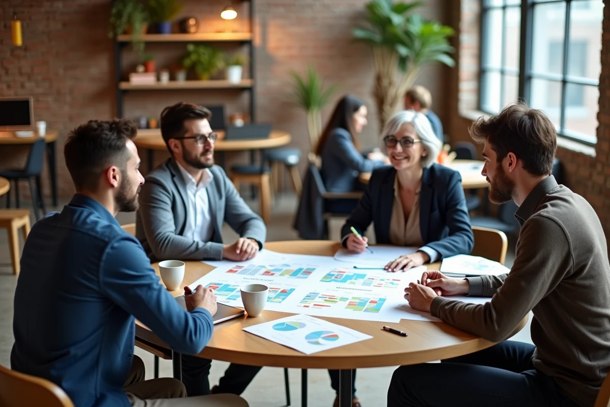 Équipe marketing collaborant autour d'un plan d'action des 4 P du marketing sur une table de travail