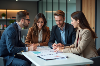 Groupe de professionnels discutant autour de diagrammes techniques