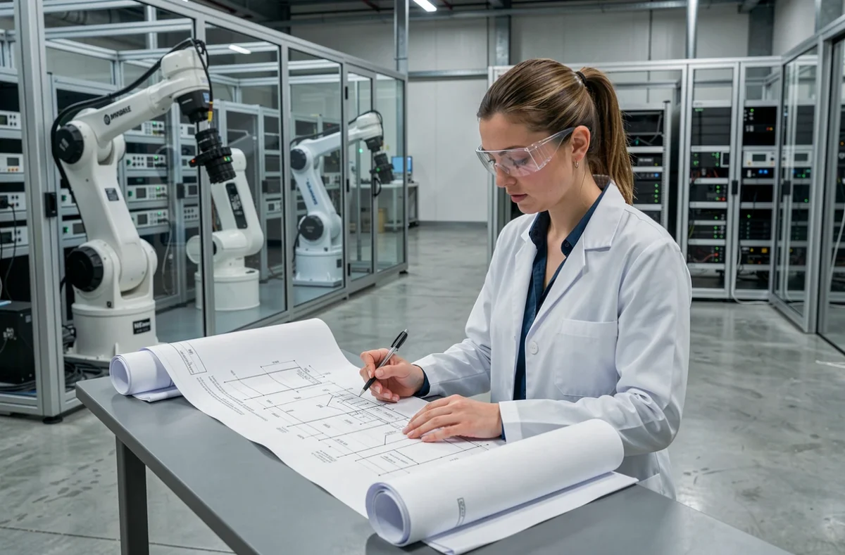 Une ingénieure industrielle examinant des plans techniques dans un site de production lié à Ergalis Technologies Industrielles