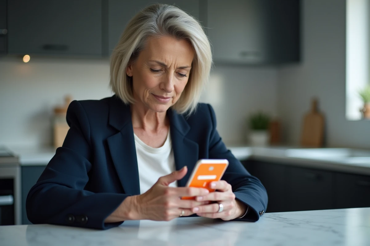 Femme consultant une erreur de connexion sur l'application mobile du compte client Orange