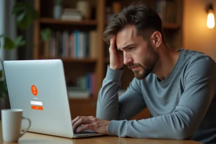 Homme frustré devant un écran d'ordinateur affichant une erreur de connexion sur le portail client Orange
