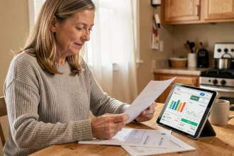 Femme consultant son espace client EDF ENR Solaire sur tablette avec des relevés de paiements solaires sur une table en bois